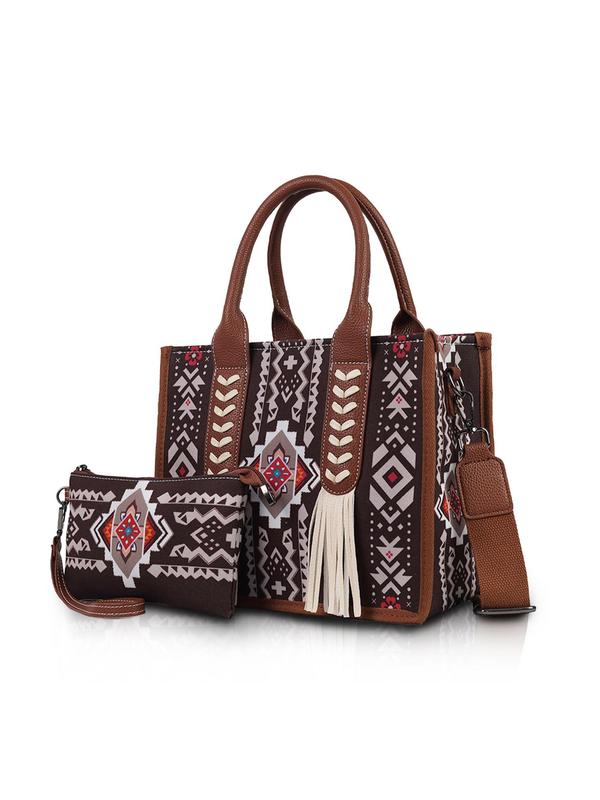 Boho Western Style Ethnic Pattern Tassel Decorated Shoulder Bag Set, Large Capacity Fall Freshness Tote Bag & Wallet, Fashionable Bag Set for Women Fall Outfits