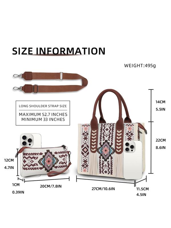 Boho Western Style Ethnic Pattern Tassel Decorated Shoulder Bag Set, Large Capacity Fall Freshness Tote Bag & Wallet, Fashionable Bag Set for Women Fall Outfits