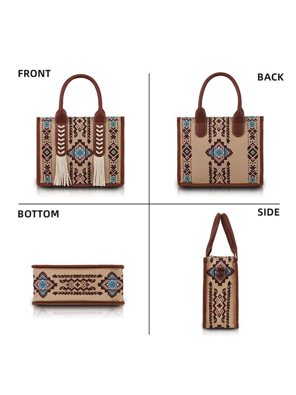 Boho Western Style Ethnic Pattern Tassel Decorated Shoulder Bag Set, Large Capacity Fall Freshness Tote Bag & Wallet, Fashionable Bag Set for Women Fall Outfits