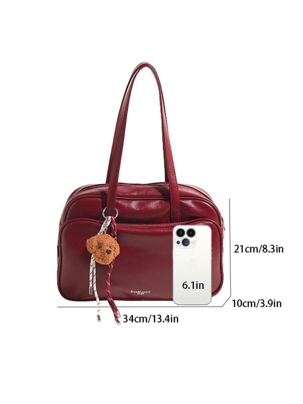 Women's Solid Color Tote Bag, with Cartoon Puppy Bag Charm, Fashionable Large Capacity Shoulder Bag for Daily Used, Casual Trendy Versatile High-quality Daily Commuting Bag