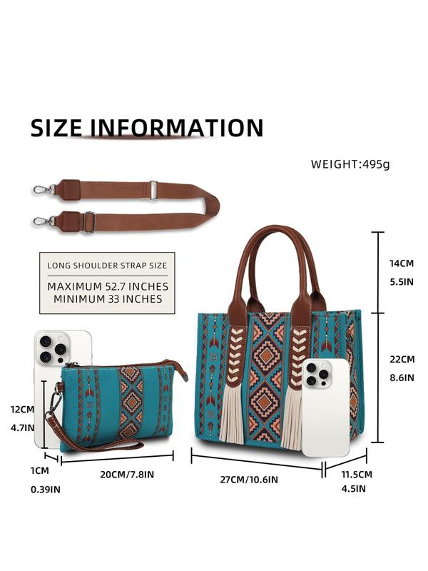 Boho Western Style Ethnic Pattern Tassel Decorated Shoulder Bag Set, Large Capacity Fall Freshness Tote Bag & Wallet, Fashionable Bag Set for Women Fall Outfits