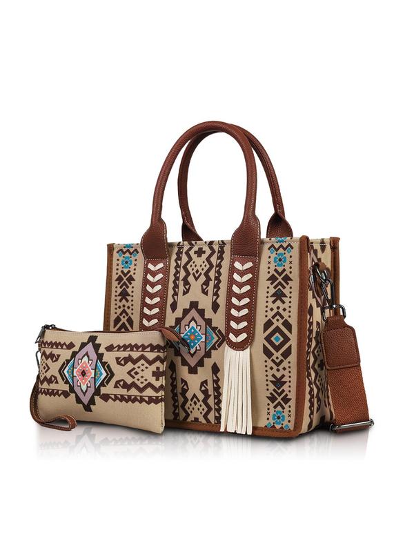 Boho Western Style Ethnic Pattern Tassel Decorated Shoulder Bag Set, Large Capacity Fall Freshness Tote Bag & Wallet, Fashionable Bag Set for Women Fall Outfits