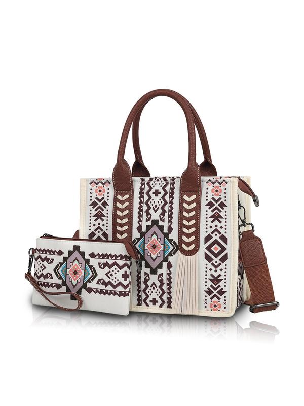 Boho Western Style Ethnic Pattern Tassel Decorated Shoulder Bag Set, Large Capacity Fall Freshness Tote Bag & Wallet, Fashionable Bag Set for Women Fall Outfits