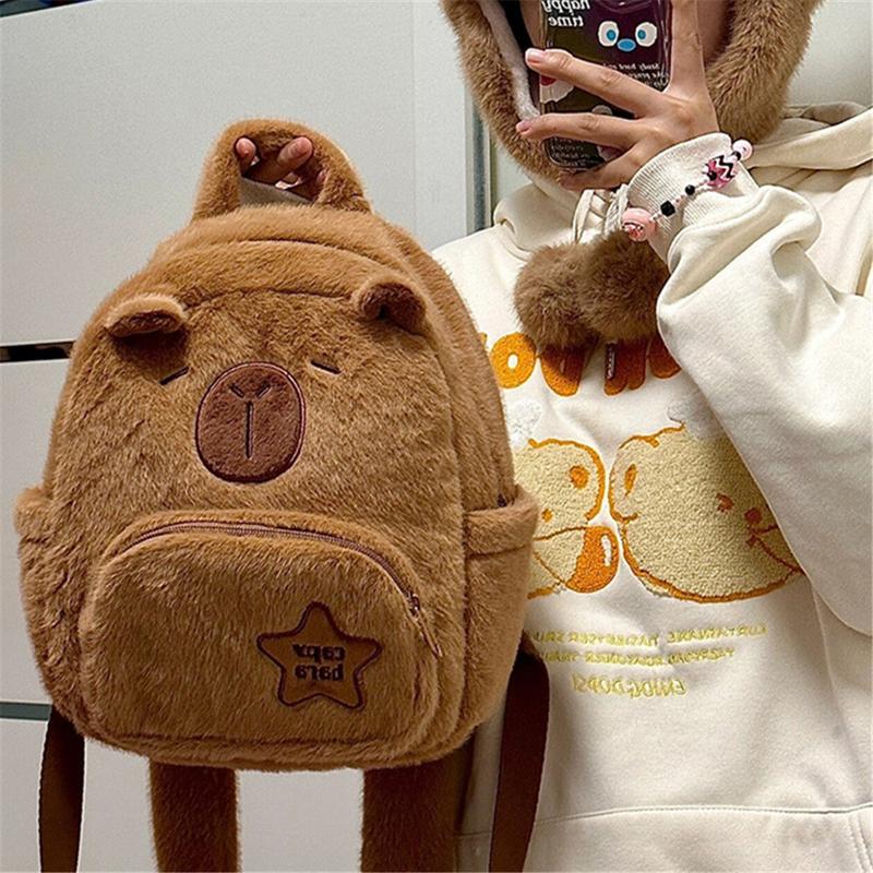 Cartoon Cute Capybara Backpack Kawaii Fuzzy Backpack Multifunction Plush Bookbag Capybara Durable Casual Bag -11.8