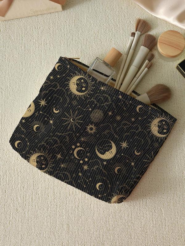 Star & Moon Pattern Makeup Bag, Corduroy Lightweight Multi-functional Cosmetic Bag, Zipper Makeup Organizer Pouch for Travel, Storage Bag