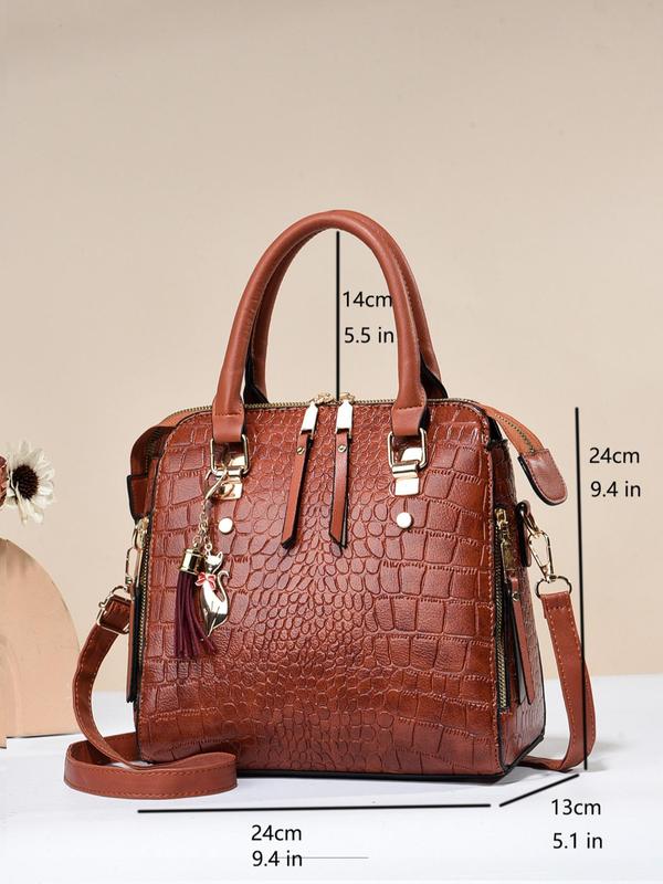 Women's Summer Crocodile Embossed Lux Handbag As Gift, 2024 Trendy Casual Plain Textured Zipper Handbag with Tassel & Animal Charm, Simple Design Pu Leather Crossbody Bag for Daily Used