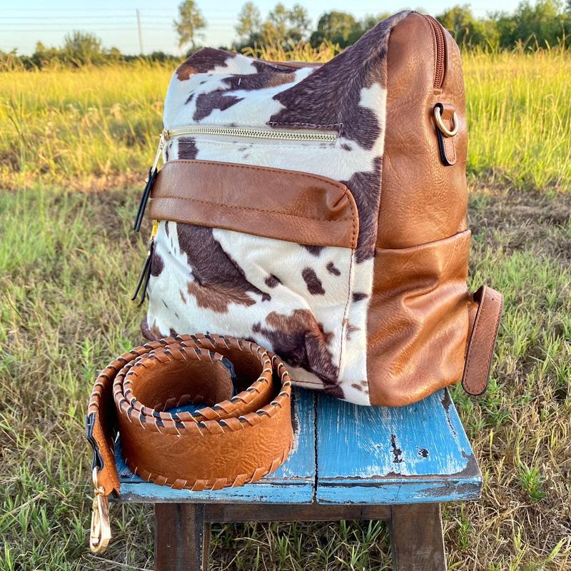 Cow Print Convertible Backpack with Guitar Strap