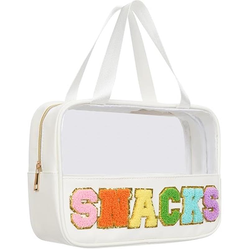 Clear Snack Pouch with Chenille Letter Patch for Traveling Women, Preppy Cosmetic Bag with Zipper - Colorful, Organiser