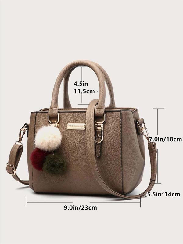 Women's Elegant Square Designer Handbags, Fashion Letter Label Zipper Handbag, Casual Shopping & Travel Shoulder Crossbody Bag, with Pom Pom Charm for Back To School, Fall Outfits, Fall Freshness