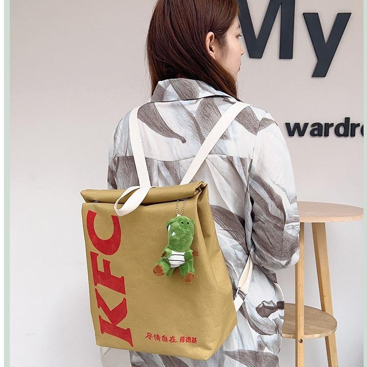 McDonald's Backpack Fun Backpack Women's Canvas large capacity cartoon French fries bag Travel crossbody bag Starbucks KFC bag Double backpack schoolbag