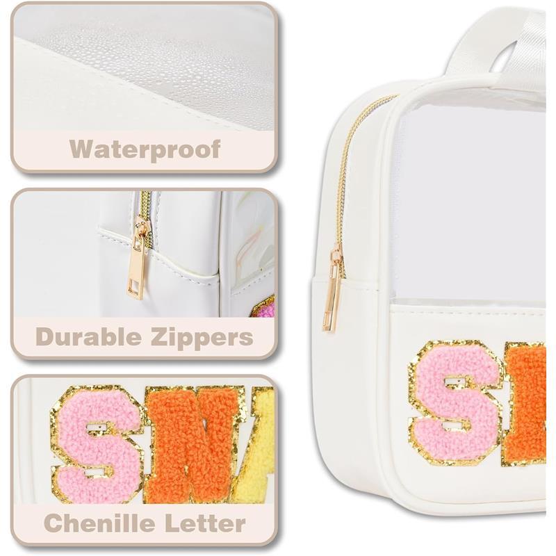 Clear Snack Pouch with Chenille Letter Patch for Traveling Women, Preppy Cosmetic Bag with Zipper - Colorful, Organiser