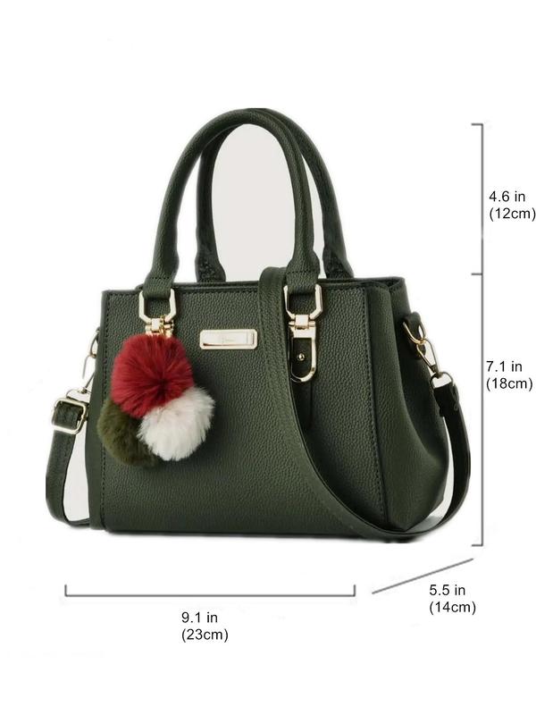 Women's Elegant Square Designer Handbags, Fashion Letter Label Zipper Handbag, Casual Shopping & Travel Shoulder Crossbody Bag, with Pom Pom Charm for Back To School, Fall Outfits, Fall Freshness