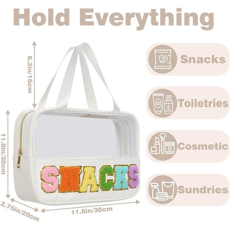 Clear Snack Pouch with Chenille Letter Patch for Traveling Women, Preppy Cosmetic Bag with Zipper - Colorful, Organiser