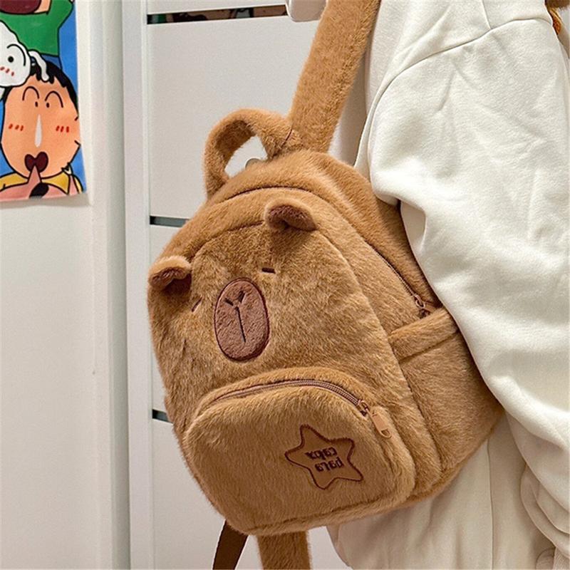 Cartoon Cute Capybara Backpack Kawaii Fuzzy Backpack Multifunction Plush Bookbag Capybara Durable Casual Bag -11.8