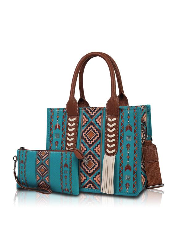 Boho Western Style Ethnic Pattern Tassel Decorated Shoulder Bag Set, Large Capacity Fall Freshness Tote Bag & Wallet, Fashionable Bag Set for Women Fall Outfits