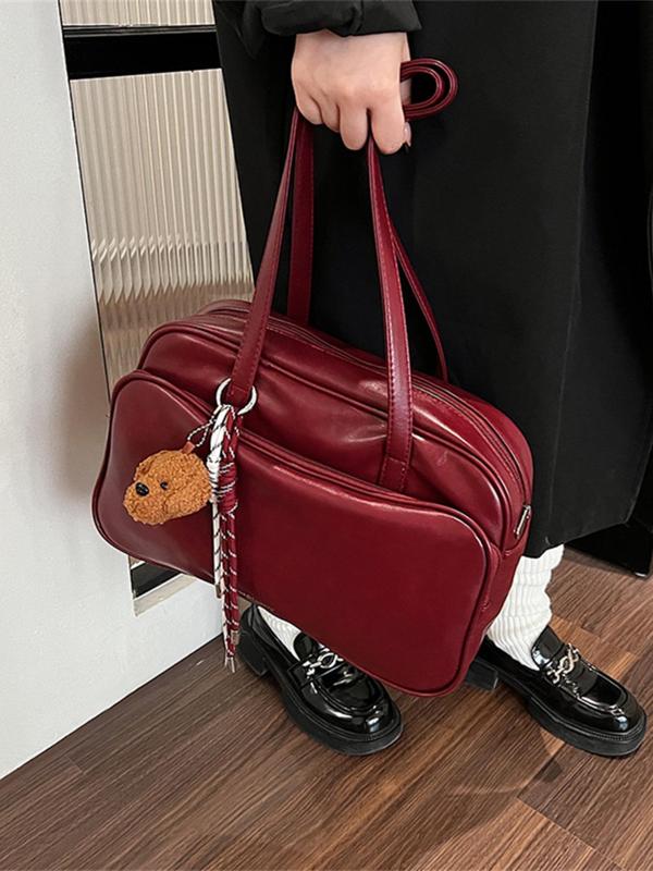 Women's Solid Color Tote Bag, with Cartoon Puppy Bag Charm, Fashionable Large Capacity Shoulder Bag for Daily Used, Casual Trendy Versatile High-quality Daily Commuting Bag