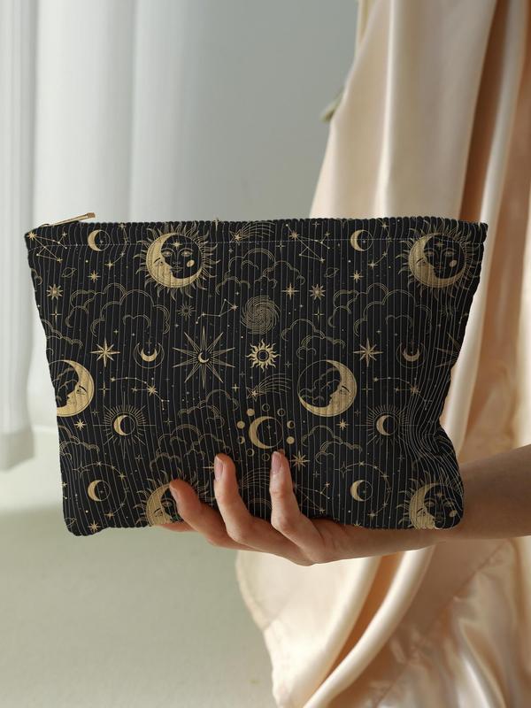 Star & Moon Pattern Makeup Bag, Corduroy Lightweight Multi-functional Cosmetic Bag, Zipper Makeup Organizer Pouch for Travel, Storage Bag