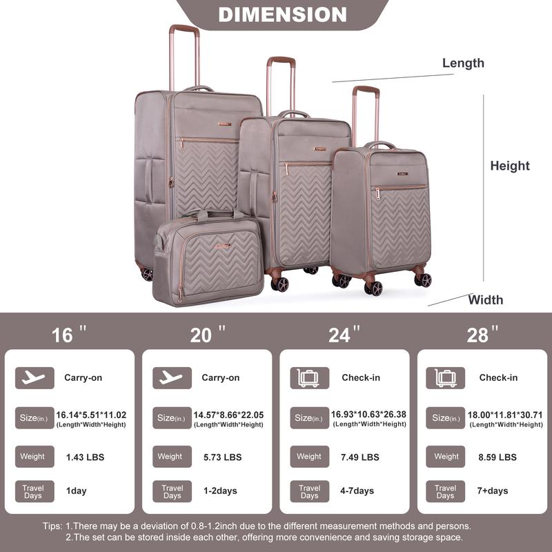 Expandable 4-piece luggage set, soft shell and soft edge upright carry on luggage (16 20 24 28) made of lightweight polyester material