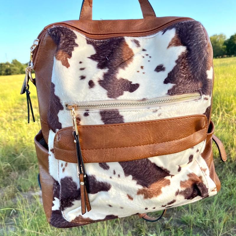 Cow Print Convertible Backpack with Guitar Strap