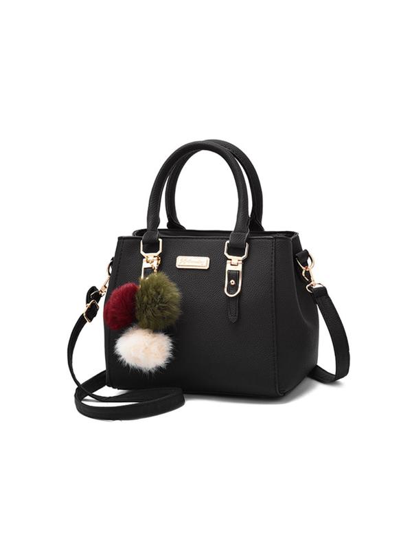 Women's Elegant Square Designer Handbags, Fashion Letter Label Zipper Handbag, Casual Shopping & Travel Shoulder Crossbody Bag, with Pom Pom Charm for Back To School, Fall Outfits, Fall Freshness