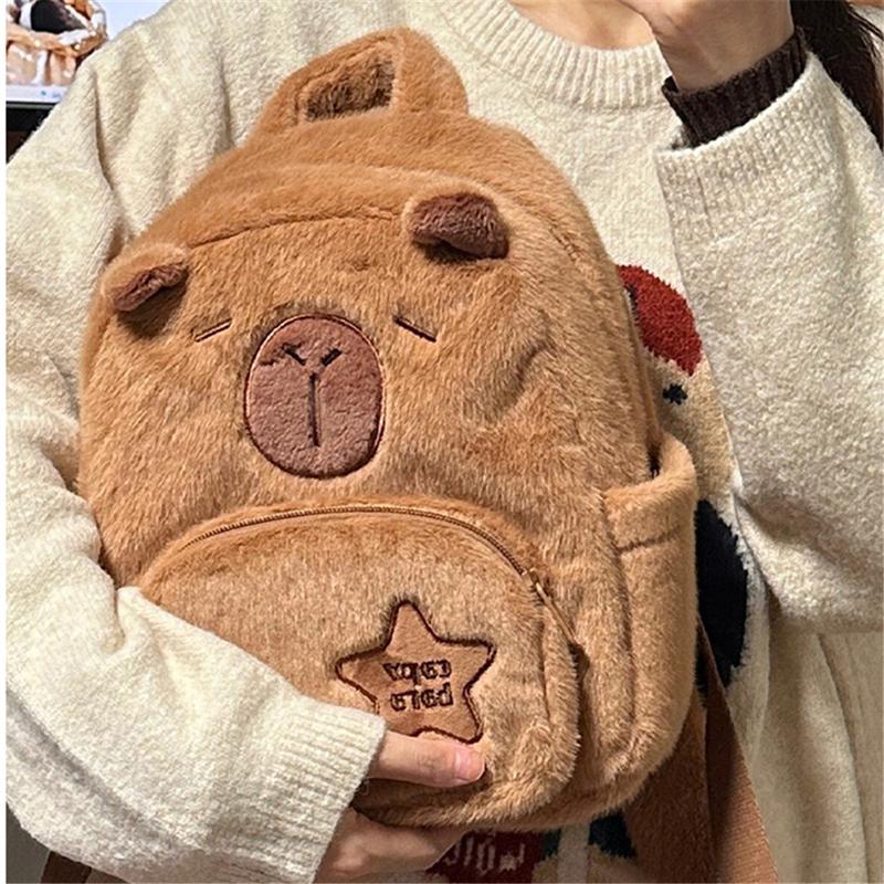 Cartoon Cute Capybara Backpack Kawaii Fuzzy Backpack Multifunction Plush Bookbag Capybara Durable Casual Bag -11.8