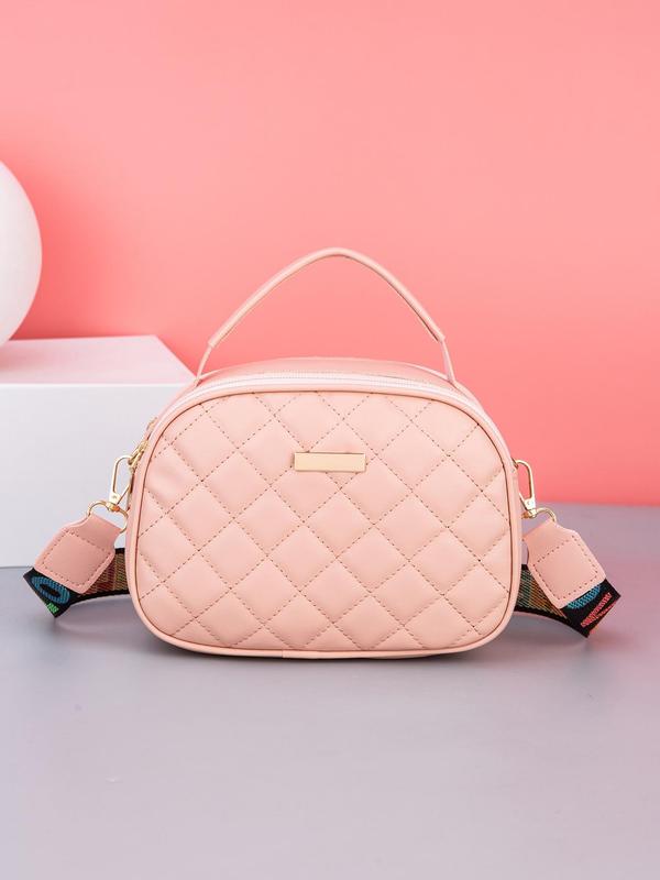 Women's Rhombus Quilted Handbag for Summer, Fashion Shoulder Bag with Letter Embroidered Adjustable Wide Strap & Double Zipper, Casual Pu Leather Crossbody Bag for Daily Used