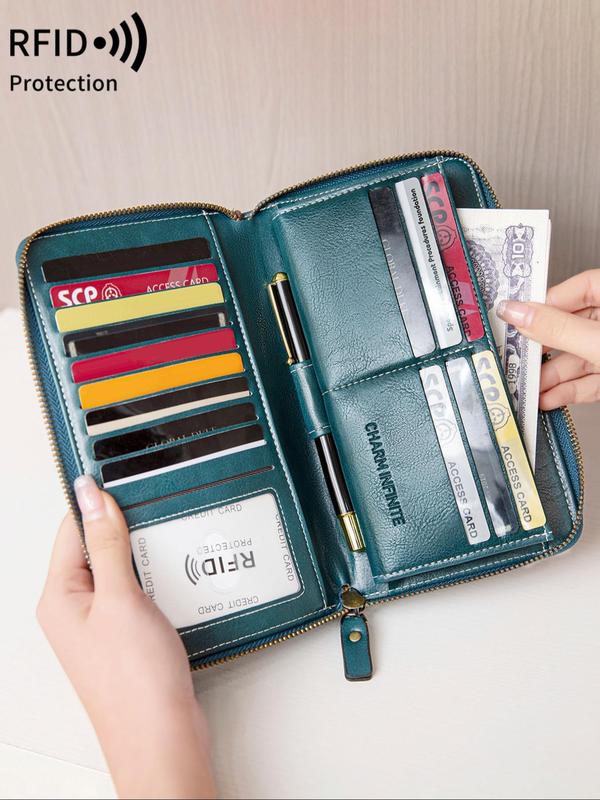 Women's Simple Plain RFID Blocking Long Wallet, Multi Card Slot Zipper Wallet, Fashionable Large Capacity Bifold Wallet, Retro Coin Purse