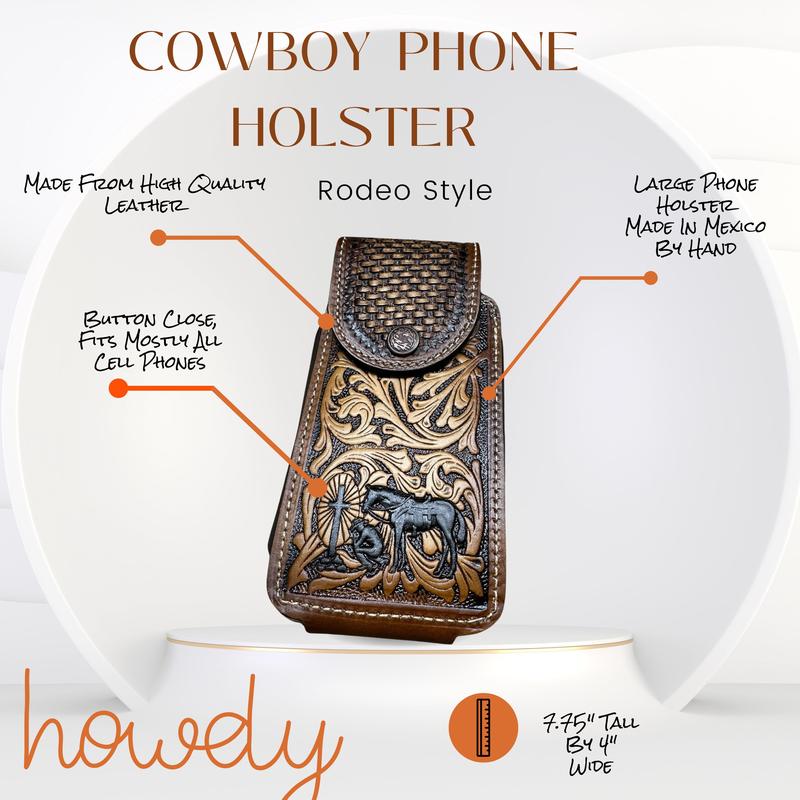 Western Leather Phone Belt Holster Black Cowboy Praying Cell Phone Case Phone Pouch Hand Tooled Handmade in Mexico Cowboy High End Case for iPhone Samsung Universal