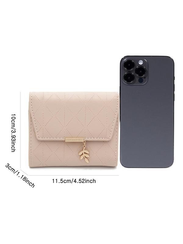 Minimalist Solid Color Leaf Charm Decor Short Wallet, Fashionable Zipper Card Holder, Multi-functional Student Coin Purse, Stylish Bifold Wallet for Women