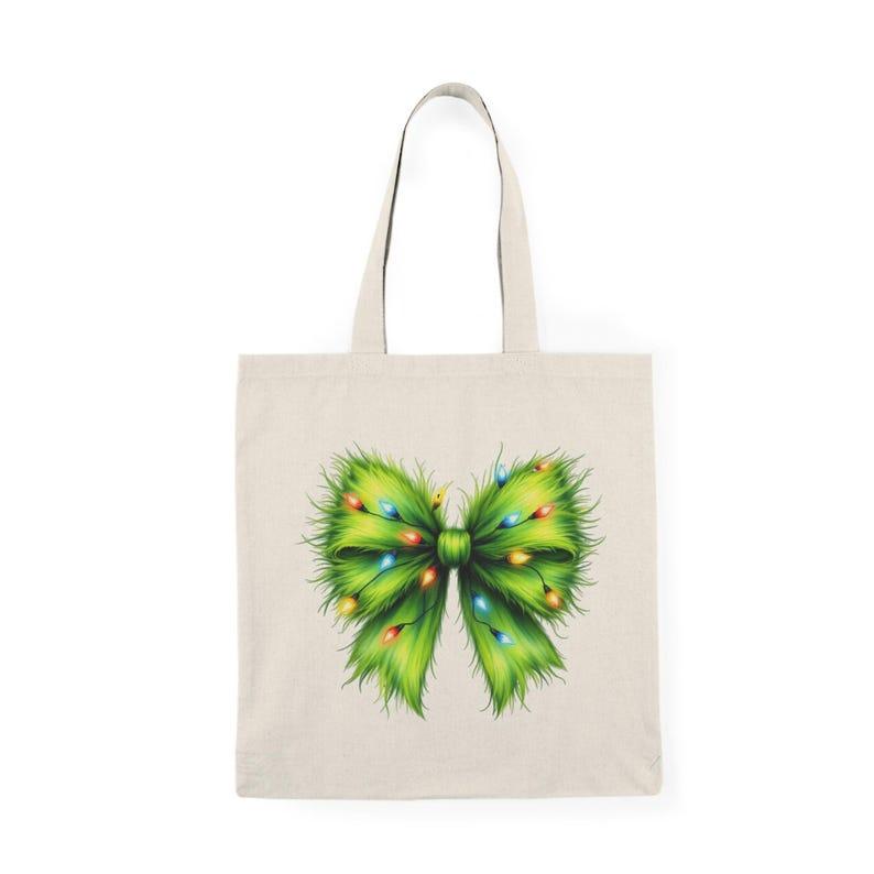 Christmas Tote Bag with Grinch-Inspired Green Bow | Reusable Holiday Gift Bag | Eco-Friendly Cotton Bag for Christmas Lovers