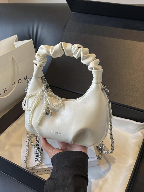 Elegant Faux Pearl Bow Decor Ruched Design Handbag, Trendy Bowknot Design Chain Strap Crossbody Half Moon Bag, Crossbody Bag for Women, Purses Crossbody Bags, Fashionable Hobo Handbag for Women