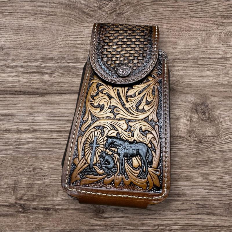 Western Leather Phone Belt Holster Black Cowboy Praying Cell Phone Case Phone Pouch Hand Tooled Handmade in Mexico Cowboy High End Case for iPhone Samsung Universal