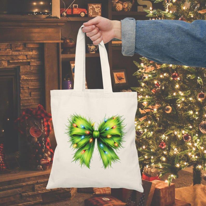 Christmas Tote Bag with Grinch-Inspired Green Bow | Reusable Holiday Gift Bag | Eco-Friendly Cotton Bag for Christmas Lovers