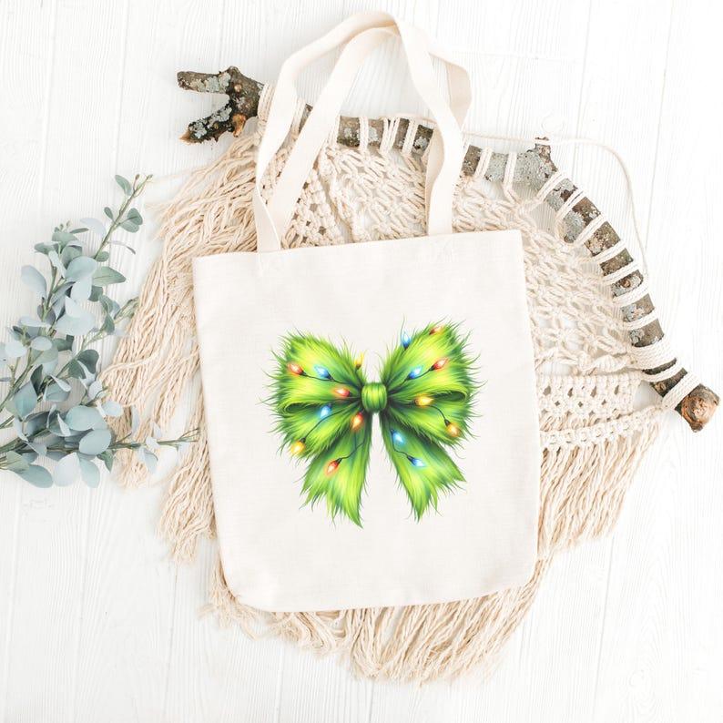 Christmas Tote Bag with Grinch-Inspired Green Bow | Reusable Holiday Gift Bag | Eco-Friendly Cotton Bag for Christmas Lovers