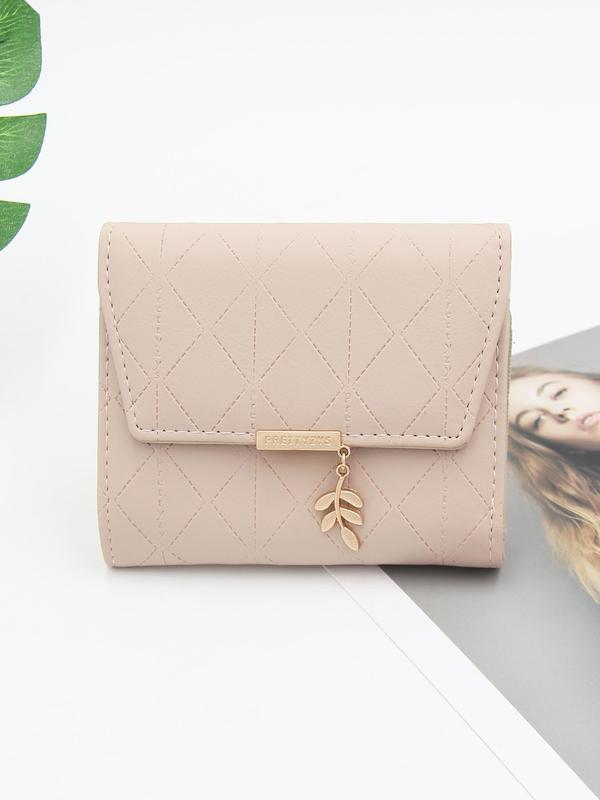 Minimalist Solid Color Leaf Charm Decor Short Wallet, Fashionable Zipper Card Holder, Multi-functional Student Coin Purse, Stylish Bifold Wallet for Women