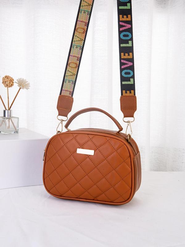 Women's Rhombus Quilted Handbag for Summer, Fashion Shoulder Bag with Letter Embroidered Adjustable Wide Strap & Double Zipper, Casual Pu Leather Crossbody Bag for Daily Used