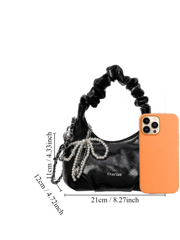 Elegant Faux Pearl Bow Decor Ruched Design Handbag, Trendy Bowknot Design Chain Strap Crossbody Half Moon Bag, Crossbody Bag for Women, Purses Crossbody Bags, Fashionable Hobo Handbag for Women