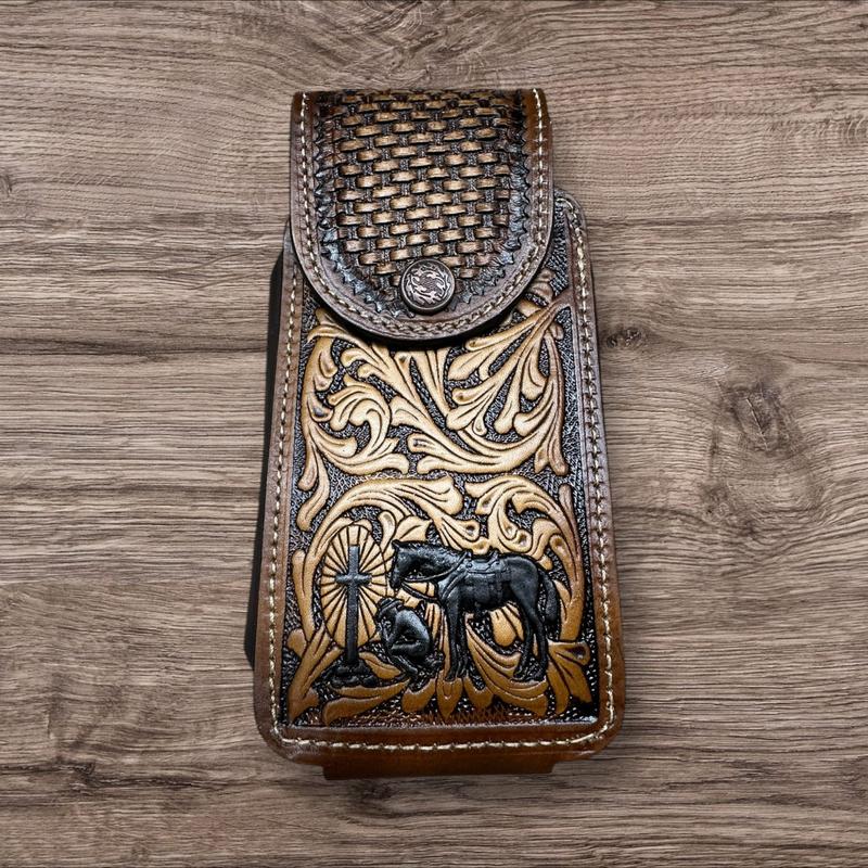 Western Leather Phone Belt Holster Black Cowboy Praying Cell Phone Case Phone Pouch Hand Tooled Handmade in Mexico Cowboy High End Case for iPhone Samsung Universal