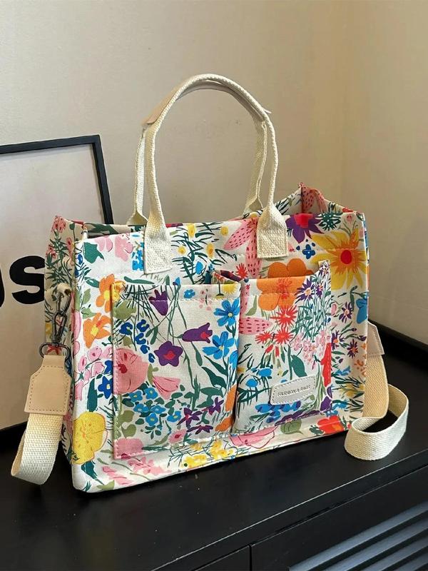 Fashion All Over Print Patched Design Everything Tote Bag, Casual Versatile Large Capacity Handbag for Work & Daily & Back To School, Work Tote Bag for Summer 2024