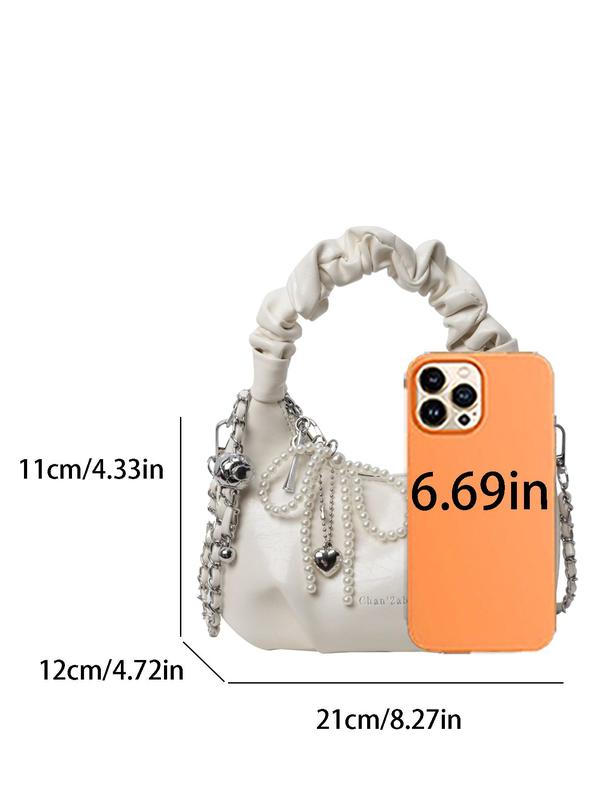 Elegant Faux Pearl Bow Decor Ruched Design Handbag, Trendy Bowknot Design Chain Strap Crossbody Half Moon Bag, Crossbody Bag for Women, Purses Crossbody Bags, Fashionable Hobo Handbag for Women