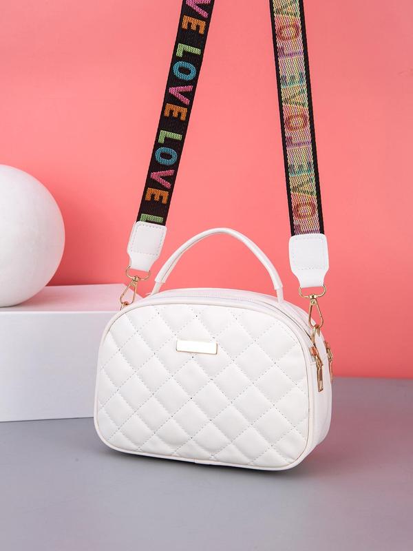 Women's Rhombus Quilted Handbag for Summer, Fashion Shoulder Bag with Letter Embroidered Adjustable Wide Strap & Double Zipper, Casual Pu Leather Crossbody Bag for Daily Used