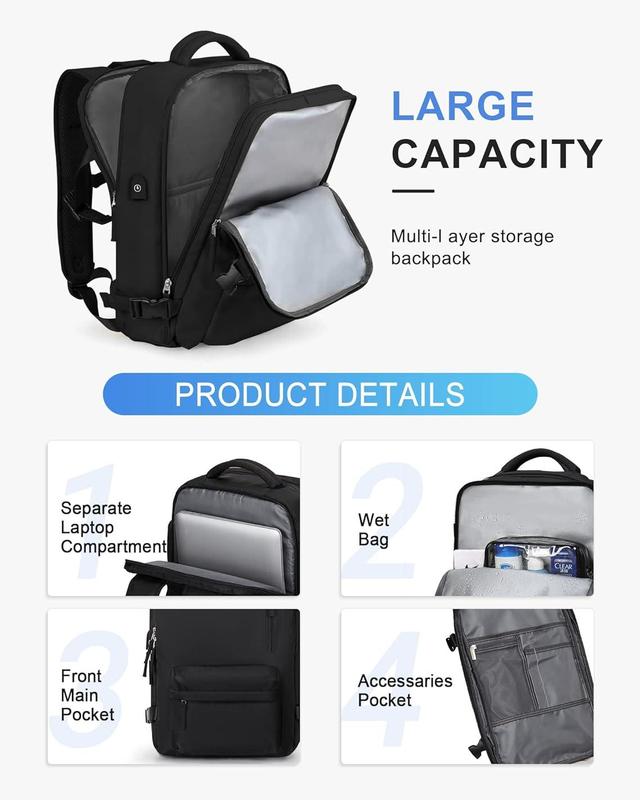 Large Travel Backpack Carry on Flight Approved Laptop Work Business Backpack for Women Men Mochila De Viaje, Black