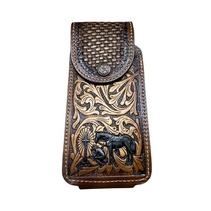 Western Leather Phone Belt Holster Black Cowboy Praying Cell Phone Case Phone Pouch Hand Tooled Handmade in Mexico Cowboy High End Case for iPhone Samsung Universal