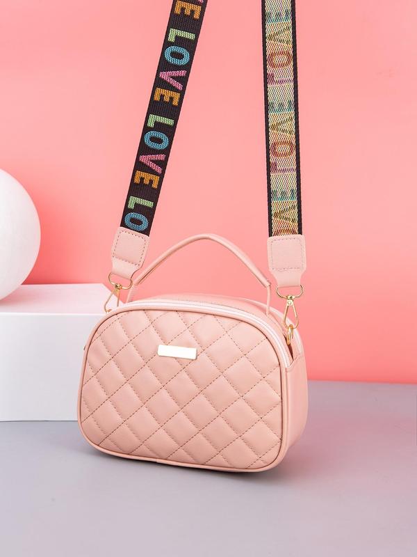 Women's Rhombus Quilted Handbag for Summer, Fashion Shoulder Bag with Letter Embroidered Adjustable Wide Strap & Double Zipper, Casual Pu Leather Crossbody Bag for Daily Used