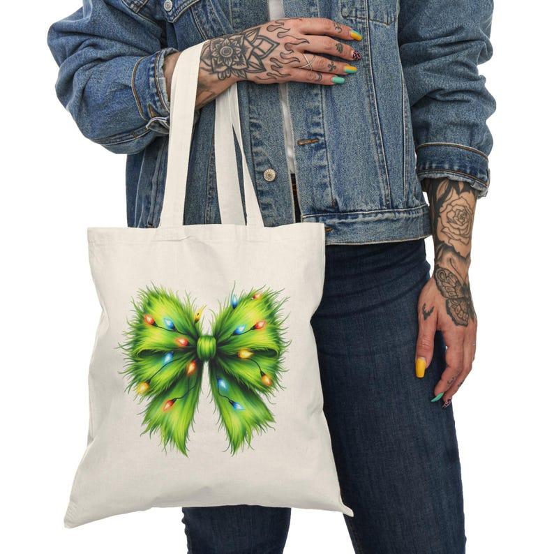 Christmas Tote Bag with Grinch-Inspired Green Bow | Reusable Holiday Gift Bag | Eco-Friendly Cotton Bag for Christmas Lovers