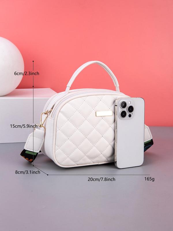 Women's Rhombus Quilted Handbag for Summer, Fashion Shoulder Bag with Letter Embroidered Adjustable Wide Strap & Double Zipper, Casual Pu Leather Crossbody Bag for Daily Used