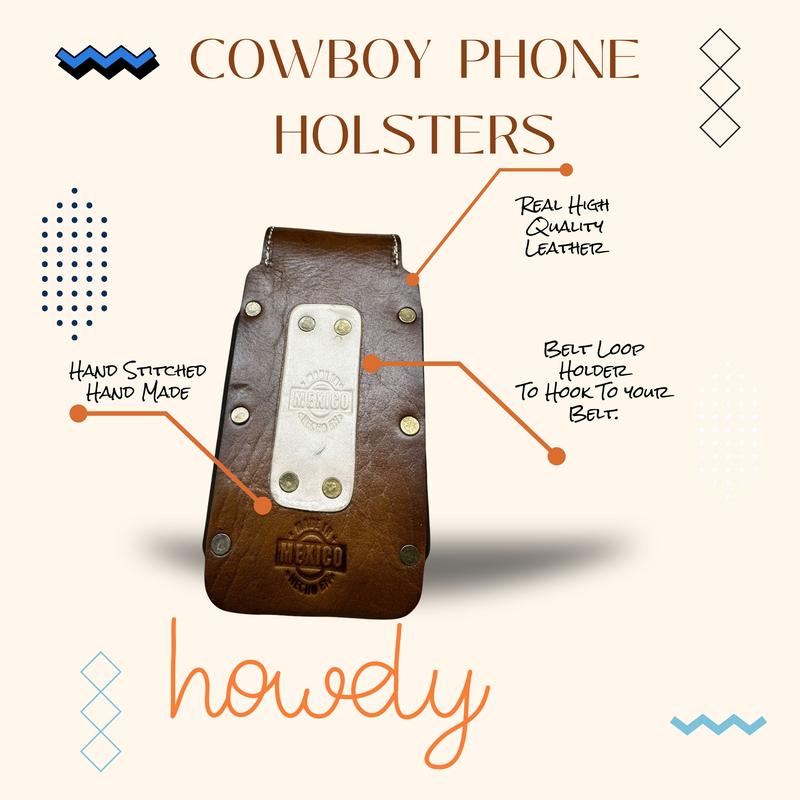 Western Leather Phone Belt Holster Black Cowboy Praying Cell Phone Case Phone Pouch Hand Tooled Handmade in Mexico Cowboy High End Case for iPhone Samsung Universal