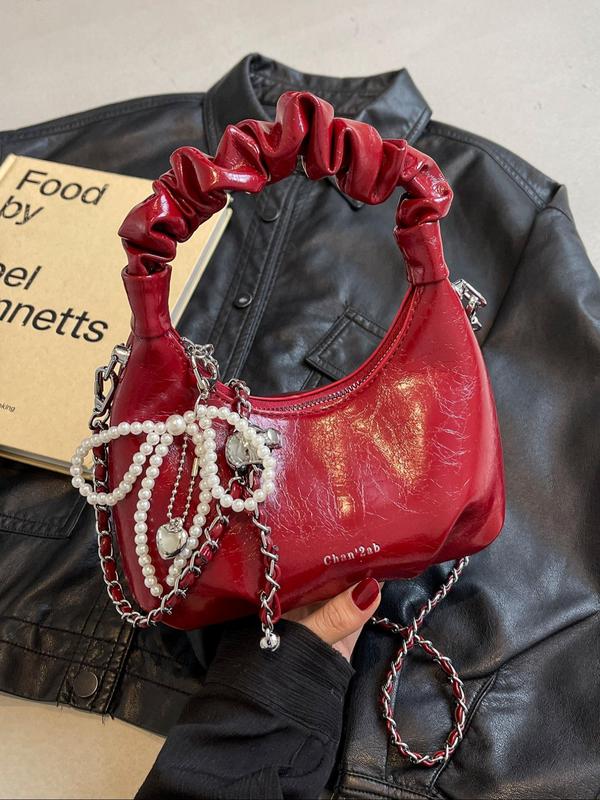 Elegant Faux Pearl Bow Decor Ruched Design Handbag, Trendy Bowknot Design Chain Strap Crossbody Half Moon Bag, Crossbody Bag for Women, Purses Crossbody Bags, Fashionable Hobo Handbag for Women