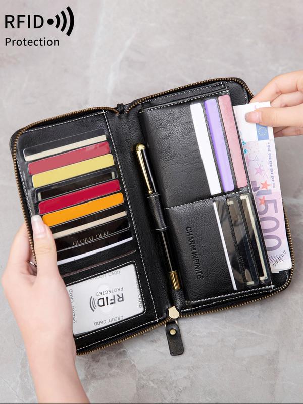 Women's Simple Plain RFID Blocking Long Wallet, Multi Card Slot Zipper Wallet, Fashionable Large Capacity Bifold Wallet, Retro Coin Purse