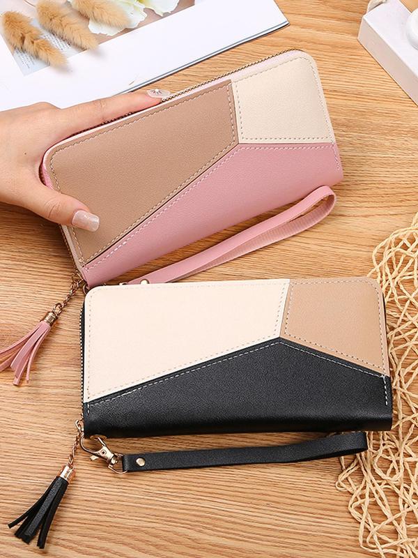 Women's Colorblock Tassel Decor Zipper Long Wallet, 2024 New Style Casual PU Leather Card Holder for Daily Travel Work Commute, Large Capacity Wallet for Women & Girls